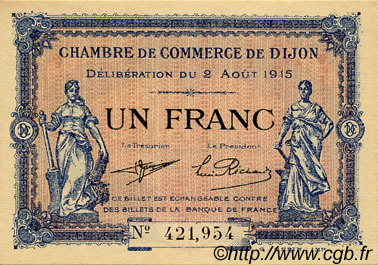 1 Franc FRANCE Regionalismus und verschiedenen Dijon 1915 JP.053.04 fST to ST