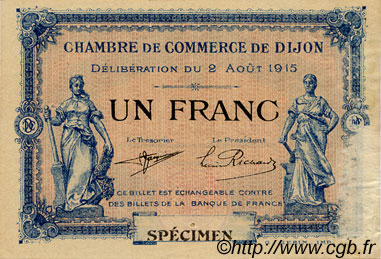 1 Franc Spécimen FRANCE regionalismo y varios Dijon 1915 JP.053.06 MBC a EBC