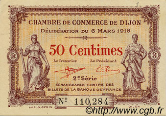 50 Centimes FRANCE regionalism and miscellaneous Dijon 1916 JP.053.07 AU+