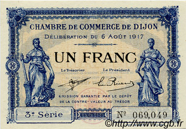 1 Franc FRANCE regionalismo y varios Dijon 1917 JP.053.14 MBC a EBC