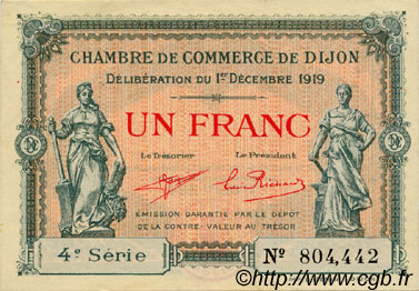 1 Franc FRANCE regionalism and miscellaneous Dijon 1919 JP.053.20 AU+