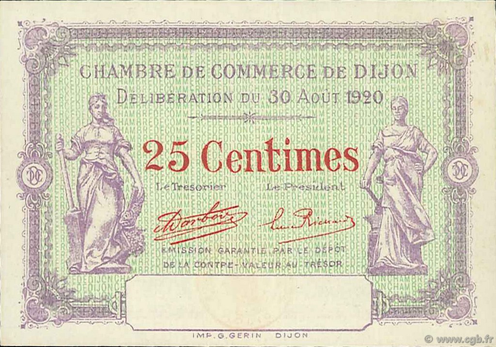 25 Centimes Spécimen FRANCE regionalismo e varie Dijon 1920 JP.053.24 AU a FDC