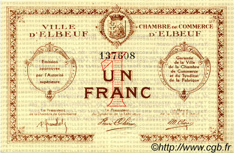 1 Franc FRANCE regionalismo e varie Elbeuf 1918 JP.055.02 BB to SPL