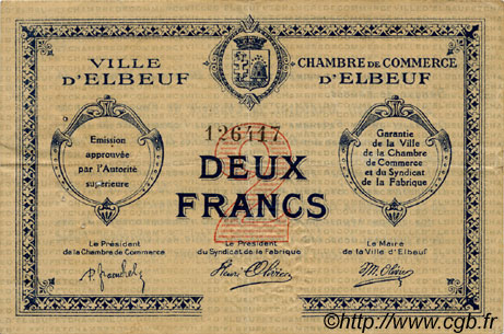 2 Francs FRANCE Regionalismus und verschiedenen Elbeuf 1918 JP.055.06 SS to VZ