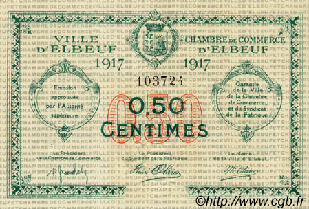 50 Centimes FRANCE regionalismo e varie Elbeuf 1917 JP.055.09 BB to SPL