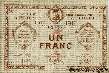 1 Franc FRANCE regionalism and various Elbeuf 1917 JP.055.11 F