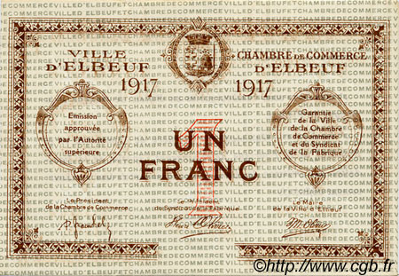 1 Franc Spécimen FRANCE Regionalismus und verschiedenen Elbeuf 1917 JP.055.12 SS to VZ