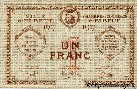 1 Franc Spécimen FRANCE regionalism and various Elbeuf 1917 JP.055.12 F