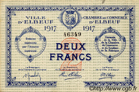 2 Francs FRANCE regionalismo y varios Elbeuf 1917 JP.055.13 MBC a EBC