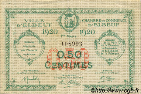 50 Centimes FRANCE regionalismo y varios Elbeuf 1920 JP.055.15 MBC a EBC