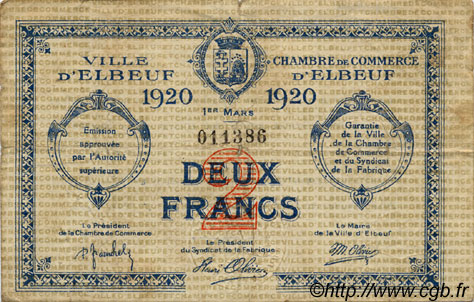 2 Francs FRANCE régionalisme et divers Elbeuf 1920 JP.055.20 TB