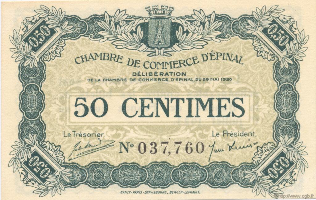 50 Centimes FRANCE regionalismo y varios Épinal 1920 JP.056.08 SC a FDC