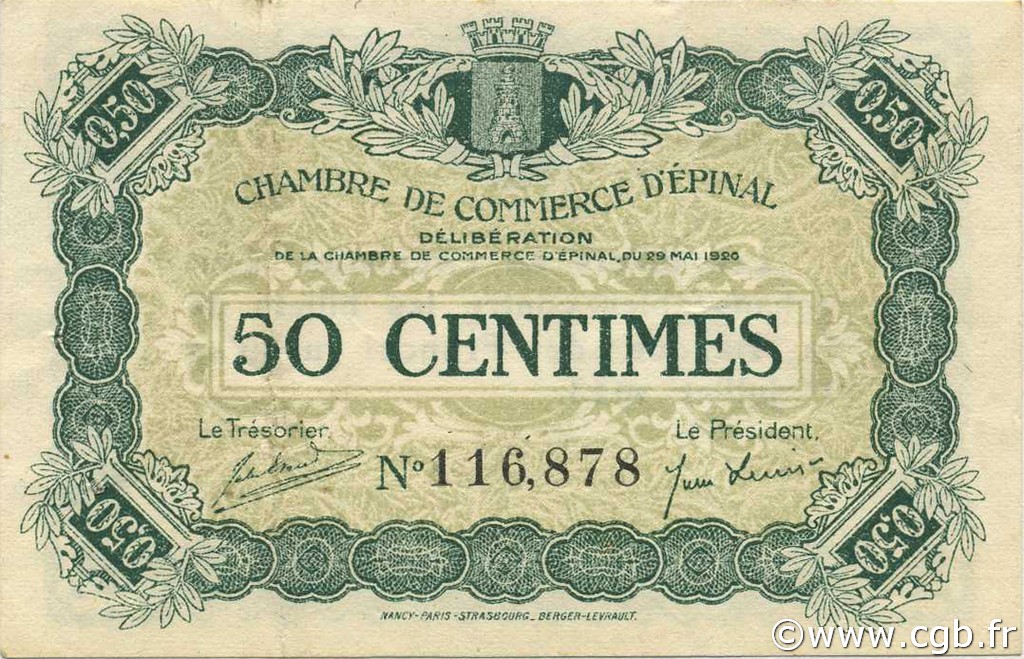 50 Centimes FRANCE regionalism and miscellaneous Épinal 1920 JP.056.08 VF - XF