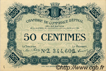 50 Centimes FRANCE régionalisme et divers Épinal 1921 JP.056.12 TTB à SUP