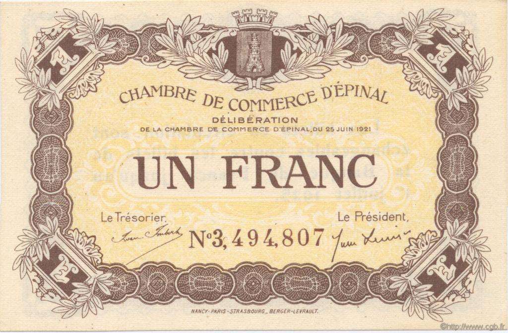 1 Franc FRANCE regionalism and miscellaneous Épinal 1921 JP.056.14 AU+