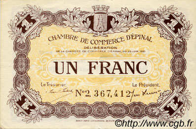 1 Franc FRANCE regionalismo e varie Épinal 1921 JP.056.14 BB to SPL