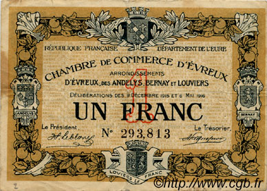 1 Franc FRANCE régionalisme et divers Évreux 1915 JP.057.05 TB