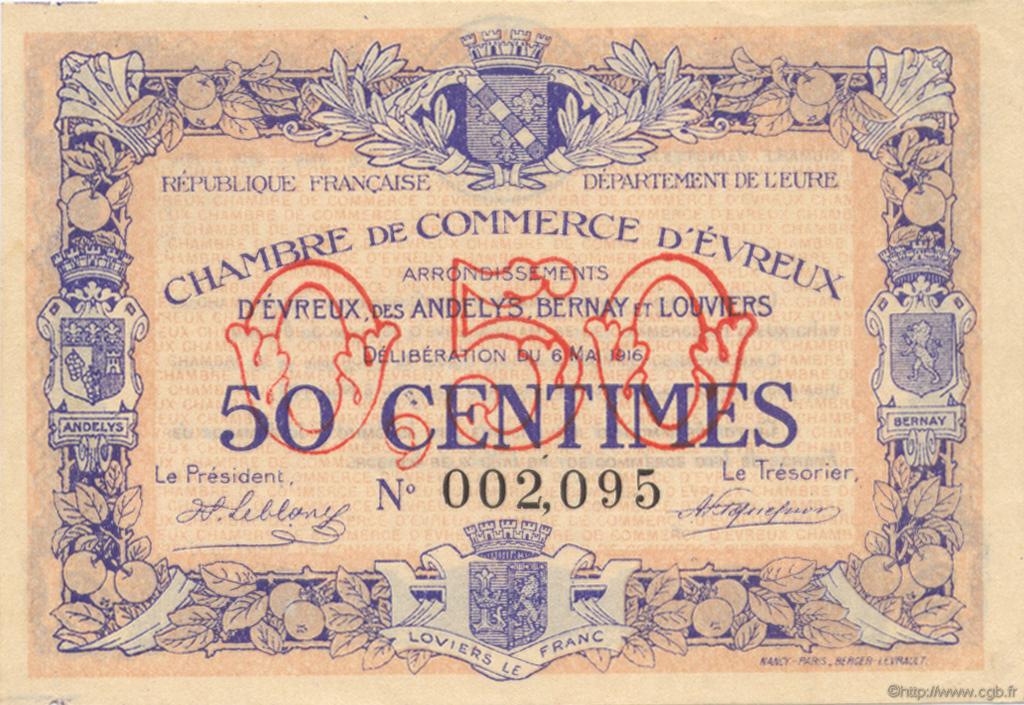 50 Centimes FRANCE regionalism and miscellaneous Évreux 1916 JP.057.08 AU+