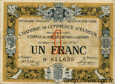 1 Franc FRANCE régionalisme et divers Évreux 1917 JP.057.11 TB