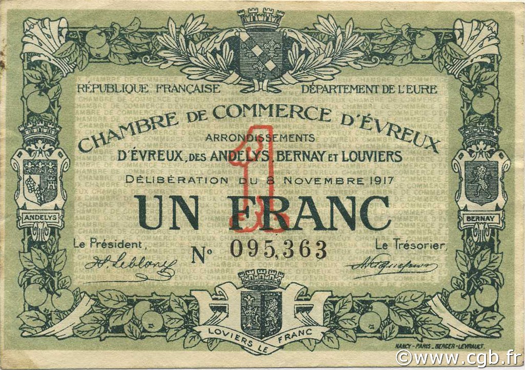 1 Franc FRANCE régionalisme et divers Évreux 1917 JP.057.12 TTB à SUP