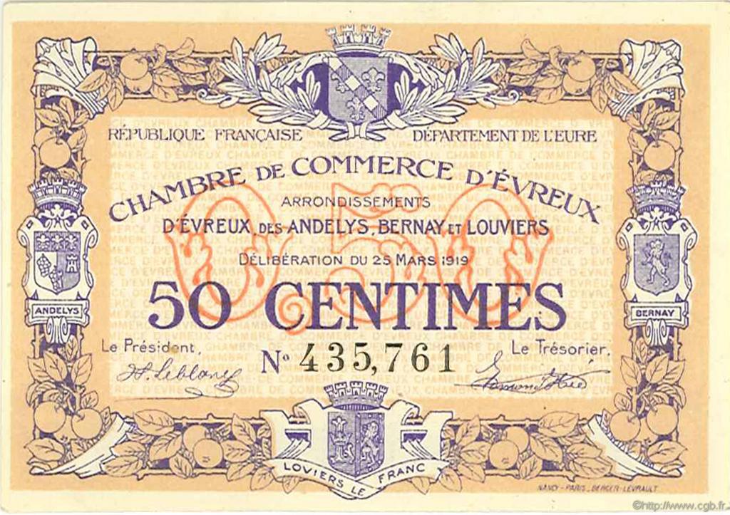 50 Centimes FRANCE regionalismo y varios Évreux 1919 JP.057.13 SC a FDC