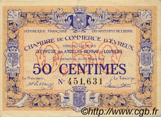 50 Centimes FRANCE Regionalismus und verschiedenen Évreux 1919 JP.057.13 SS to VZ