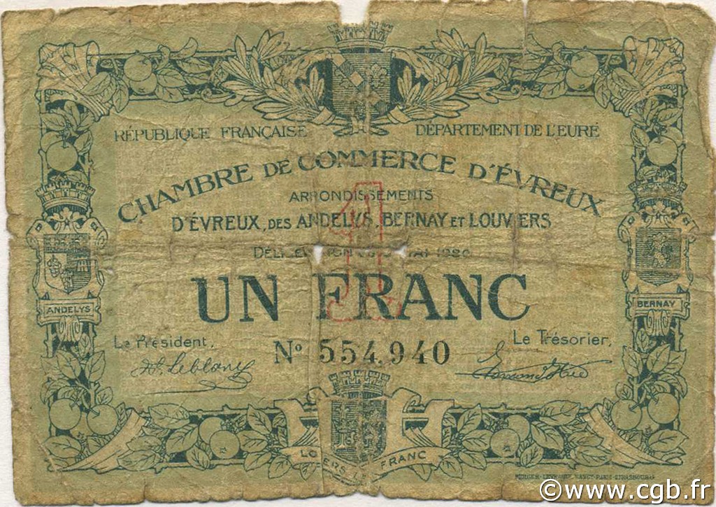 1 Franc FRANCE regionalism and various Évreux 1920 JP.057.15 F