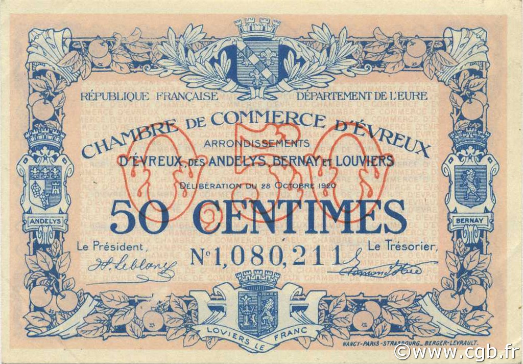 1 Franc FRANCE regionalismo y varios Évreux 1920 JP.057.17 SC a FDC