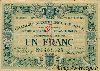 1 Franc FRANCE regionalismo e varie Évreux 1920 JP.057.17 BB to SPL
