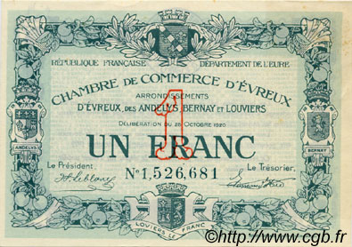 1 Franc FRANCE regionalismo y varios Évreux 1920 JP.057.19 SC a FDC