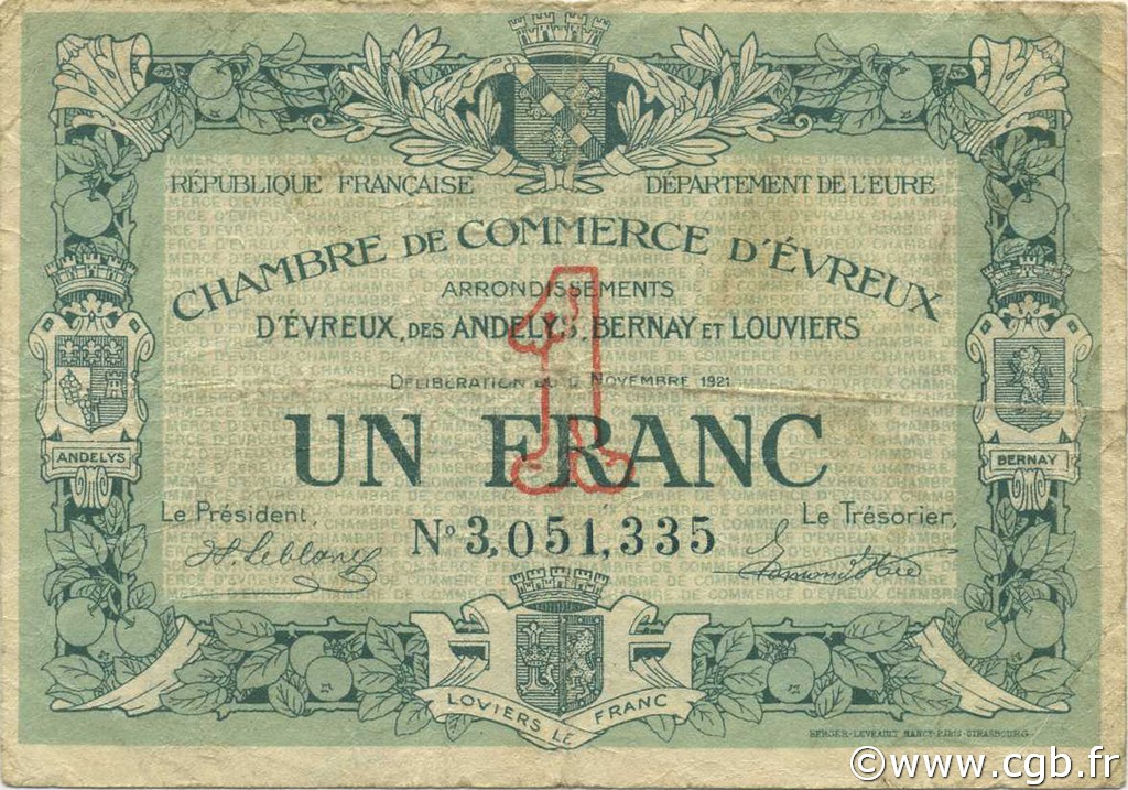 1 Franc FRANCE régionalisme et divers Évreux 1921 JP.057.20 TB