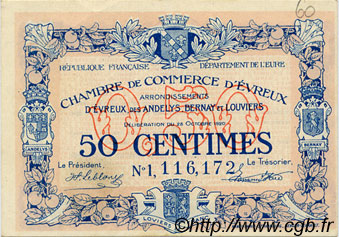 50 Centimes FRANCE regionalismo y varios Évreux 1921 JP.057.21 SC a FDC