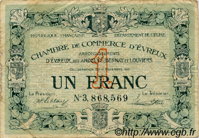1 Franc FRANCE régionalisme et divers Évreux 1921 JP.057.23 TB