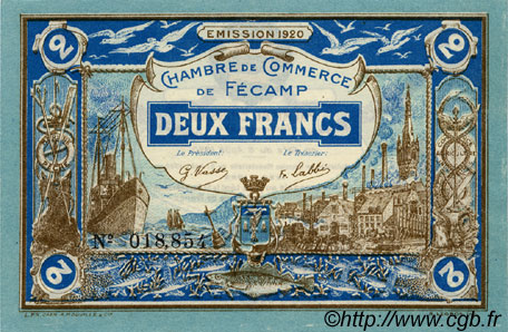 2 Francs FRANCE regionalismo y varios Fécamp 1920 JP.058.05 SC a FDC