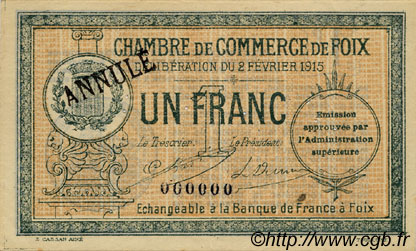 1 Franc Annulé FRANCE Regionalismus und verschiedenen Foix 1915 JP.059.11 SS to VZ