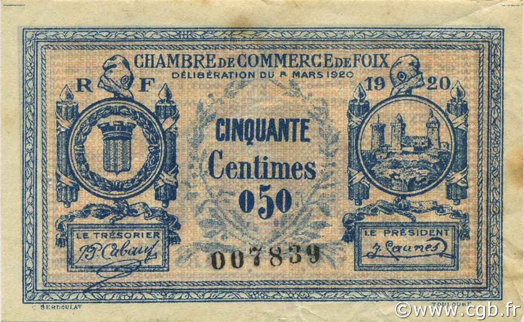 50 Centimes FRANCE regionalismo e varie Foix 1920 JP.059.13 BB to SPL