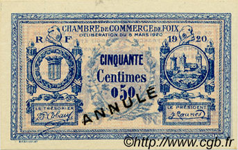 50 Centimes Annulé FRANCE regionalism and various Foix 1920 JP.059.14 AU+