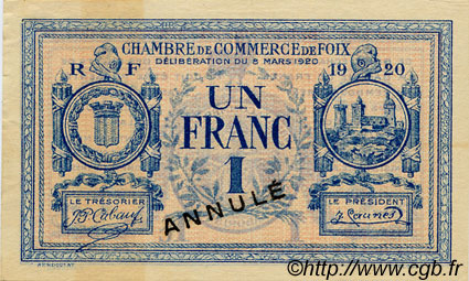 1 Franc Annulé FRANCE régionalisme et divers Foix 1920 JP.059.16 TTB à SUP