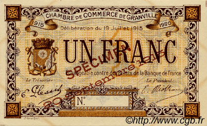 1 Franc Spécimen FRANCE regionalism and various Granville 1915 JP.060.05 AU+
