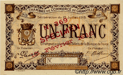 1 Franc Spécimen FRANCE regionalismo e varie Granville 1915 JP.060.06 AU a FDC