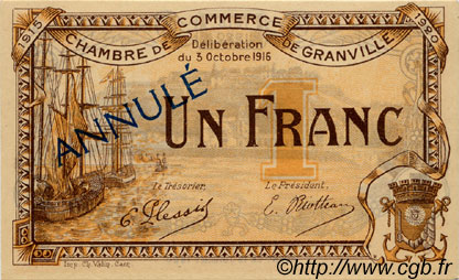 1 Franc Annulé FRANCE Regionalismus und verschiedenen Granville 1916 JP.060.10 fST to ST