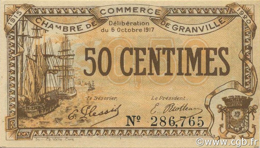 50 Centimes FRANCE Regionalismus und verschiedenen Granville 1917 JP.060.11 fST to ST