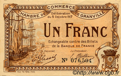 1 Franc FRANCE regionalism and miscellaneous Granville 1917 JP.060.13 VF - XF