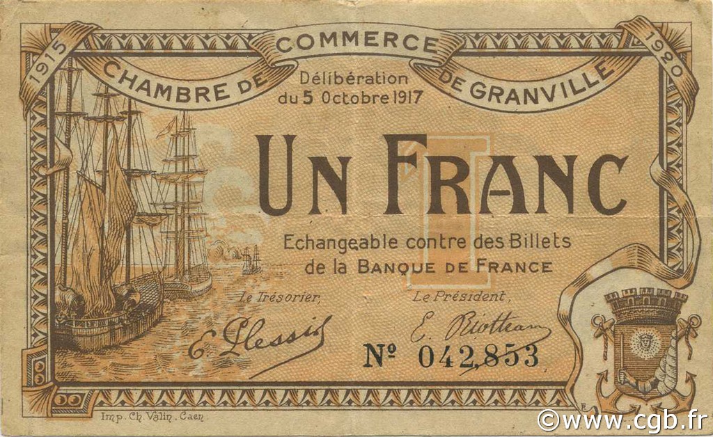 1 Franc FRANCE regionalismo y varios Granville 1917 JP.060.13 BC