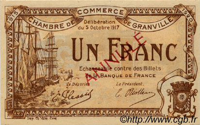 1 Franc Annulé FRANCE regionalismo y varios Granville 1917 JP.060.14 SC a FDC