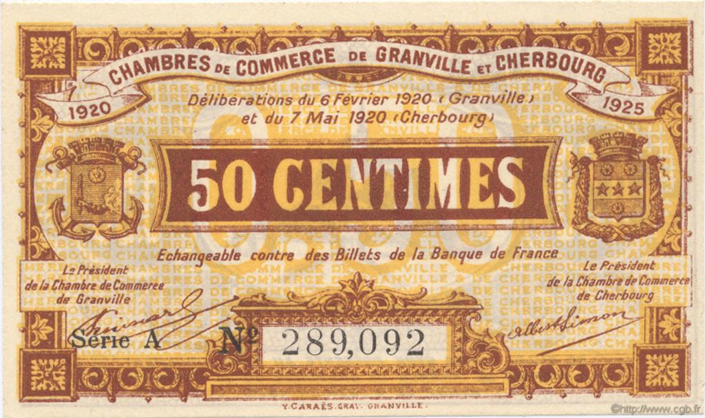 50 Centimes FRANCE Regionalismus und verschiedenen Granville et Cherbourg 1920 JP.061.01 fST to ST