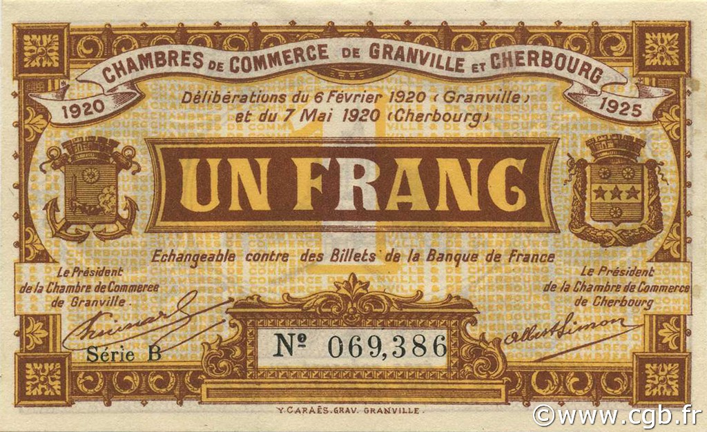 1 Franc FRANCE Regionalismus und verschiedenen Granville et Cherbourg 1920 JP.061.03 fST to ST