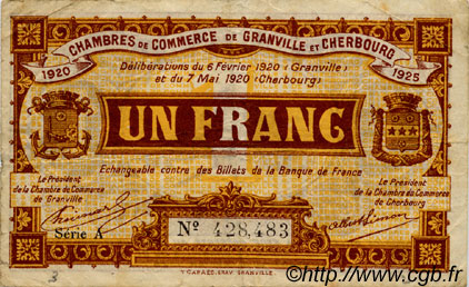1 Franc FRANCE régionalisme et divers Granville et Cherbourg 1920 JP.061.03 TB