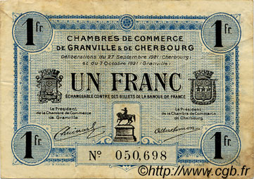 1 Franc FRANCE regionalismo y varios Granville et Cherbourg 1921 JP.061.08 BC
