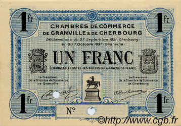 1 Franc Spécimen FRANCE regionalismo y varios Granville et Cherbourg 1921 JP.061.09 SC a FDC